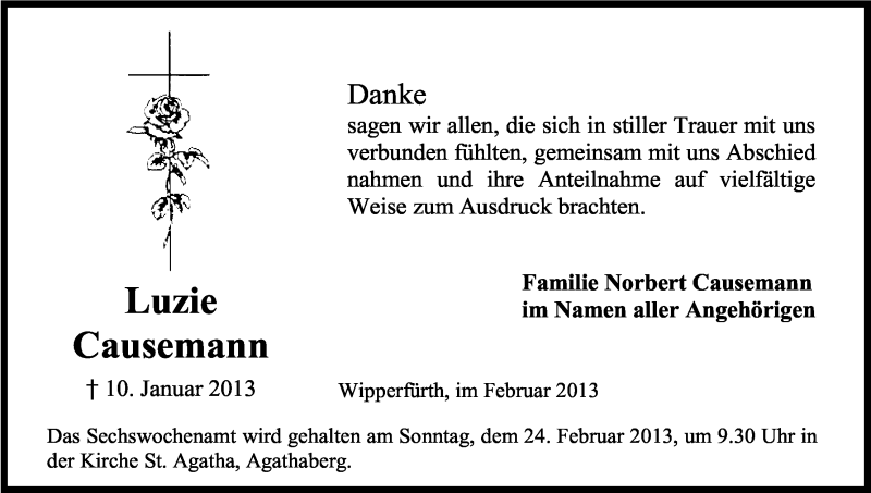 Traueranzeige für Luzie Causemann vom 16.02.2013 aus Kölner Stadt-Anzeiger / Kölnische Rundschau / Express