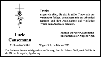 Anzeige von Luzie Causemann von Kölner Stadt-Anzeiger / Kölnische Rundschau / Express