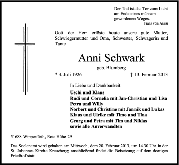 Anzeige von Anni Schwark von Kölner Stadt-Anzeiger / Kölnische Rundschau / Express