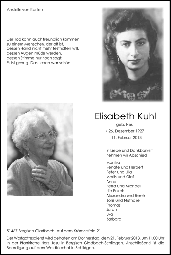 Anzeige von Elisabeth Kuhl von Kölner Stadt-Anzeiger / Kölnische Rundschau / Express