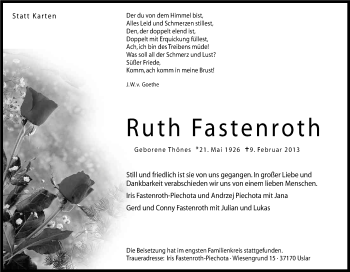 Anzeige von Ruth Fastenroth von Kölner Stadt-Anzeiger / Kölnische Rundschau / Express