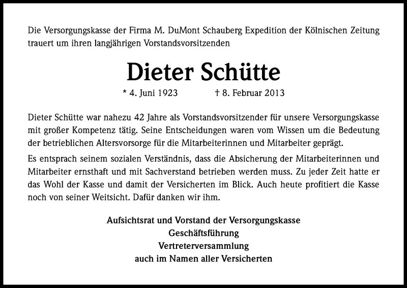 Traueranzeige für Dieter Schütte vom 16.02.2013 aus Kölner Stadt-Anzeiger / Kölnische Rundschau / Express