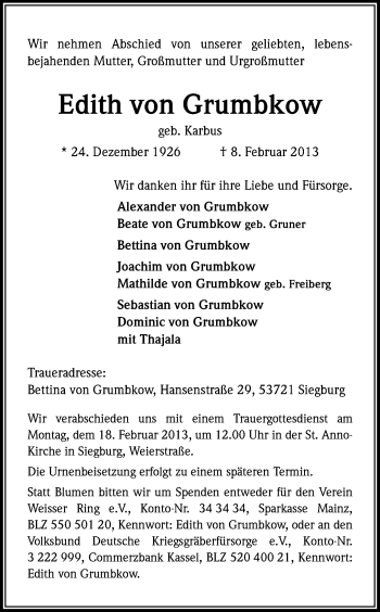 Anzeige von Edith von Grumbkow von Kölner Stadt-Anzeiger / Kölnische Rundschau / Express