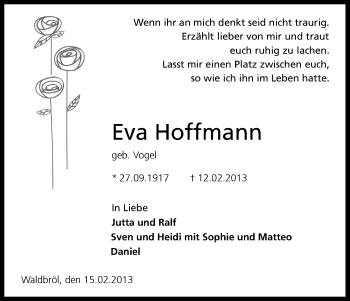 Anzeige von Eva Hoffmann von Kölner Stadt-Anzeiger / Kölnische Rundschau / Express