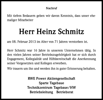Anzeige von Heinz Schmitz von Kölner Stadt-Anzeiger / Kölnische Rundschau / Express