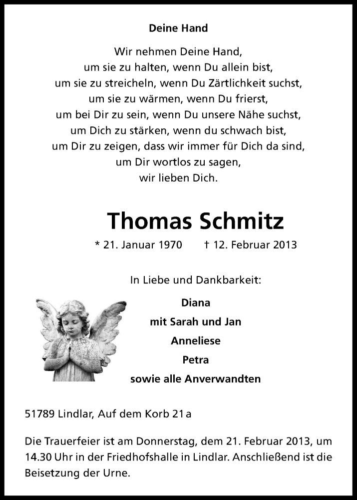  Traueranzeige für Thomas Schmitz vom 15.02.2013 aus Kölner Stadt-Anzeiger / Kölnische Rundschau / Express