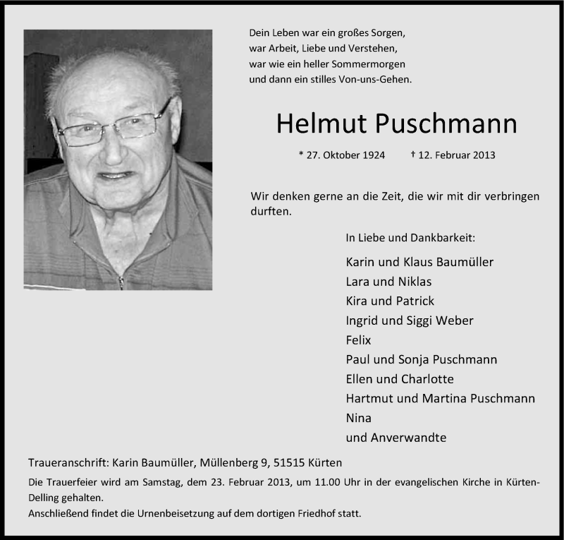 Traueranzeige für Helmut Puschmann vom 16.02.2013 aus Kölner Stadt-Anzeiger / Kölnische Rundschau / Express