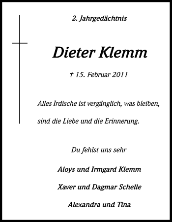Anzeige von Dieter Klemm von Kölner Stadt-Anzeiger / Kölnische Rundschau / Express