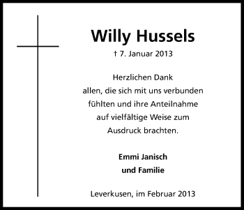 Anzeige von Willy Hussels von Kölner Stadt-Anzeiger / Kölnische Rundschau / Express
