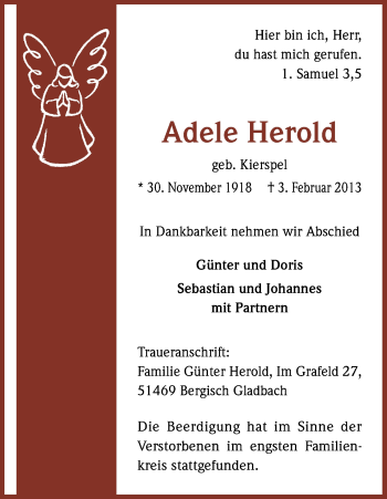 Anzeige von Adele Herold von Kölner Stadt-Anzeiger / Kölnische Rundschau / Express