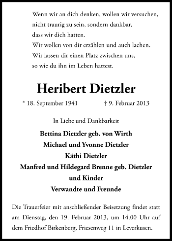 Anzeige von Heribert Dietzler von Kölner Stadt-Anzeiger / Kölnische Rundschau / Express