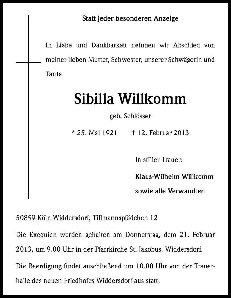  Traueranzeige für Sibilla Willkomm vom 16.02.2013 aus Kölner Stadt-Anzeiger / Kölnische Rundschau / Express