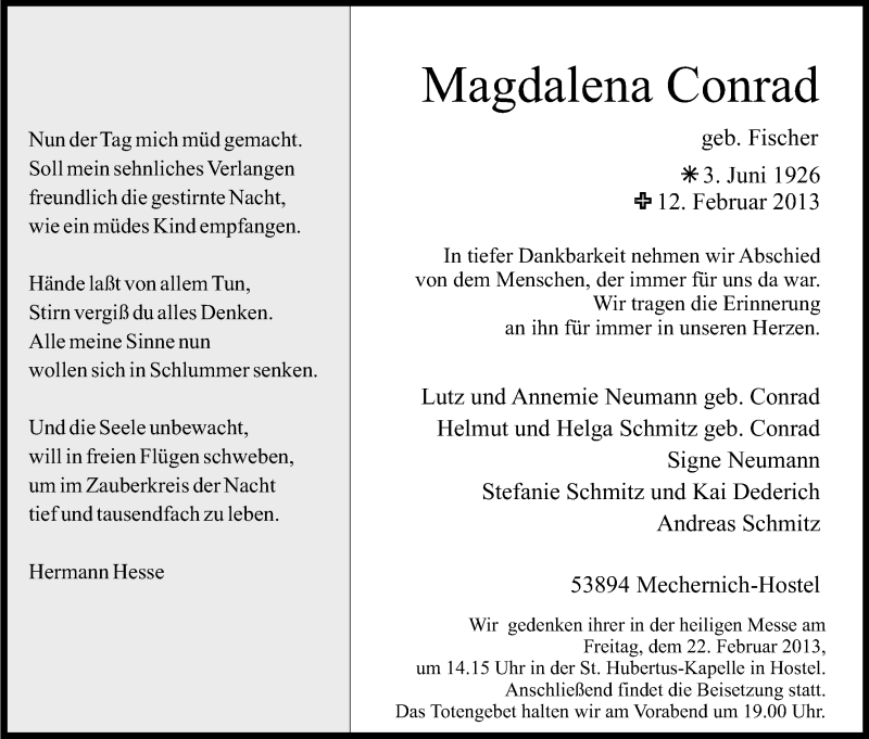  Traueranzeige für Magdalena Conrad vom 19.02.2013 aus Kölner Stadt-Anzeiger / Kölnische Rundschau / Express