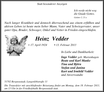 Anzeige von Heinz Vedder von Kölner Stadt-Anzeiger / Kölnische Rundschau / Express
