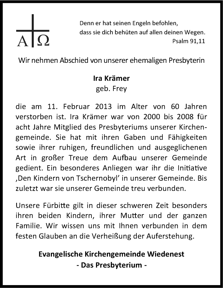  Traueranzeige für Ira Krämer vom 15.02.2013 aus Kölner Stadt-Anzeiger / Kölnische Rundschau / Express