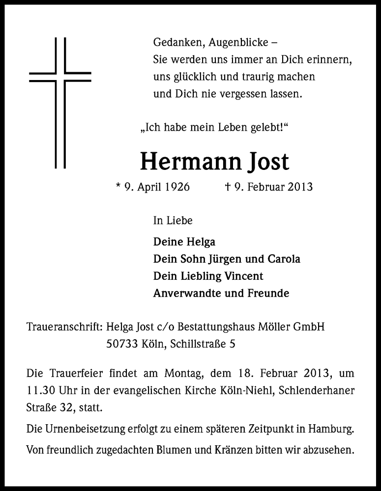 Traueranzeige für Hermann Jost vom 16.02.2013 aus Kölner Stadt-Anzeiger / Kölnische Rundschau / Express
