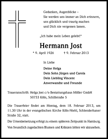 Anzeige von Hermann Jost von Kölner Stadt-Anzeiger / Kölnische Rundschau / Express