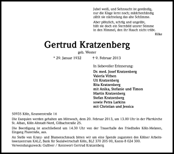 Anzeige von Gertrud Kratzenberg von Kölner Stadt-Anzeiger / Kölnische Rundschau / Express
