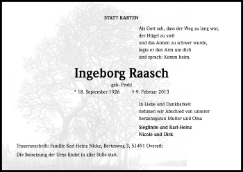 Anzeige von Ingeborg Raasch von Kölner Stadt-Anzeiger / Kölnische Rundschau / Express