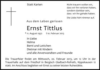 Anzeige von Ernst Tittlus von Kölner Stadt-Anzeiger / Kölnische Rundschau / Express