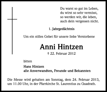 Anzeige von Anni Hintzen von Kölner Stadt-Anzeiger / Kölnische Rundschau / Express