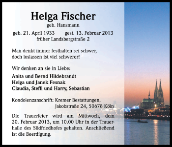 Anzeige von Helga Fischer von Kölner Stadt-Anzeiger / Kölnische Rundschau / Express