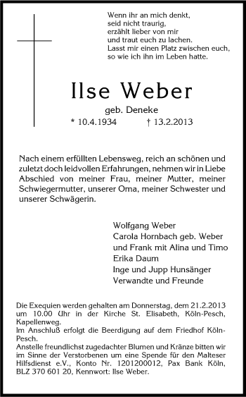 Anzeige von Ilse Weber von Kölner Stadt-Anzeiger / Kölnische Rundschau / Express