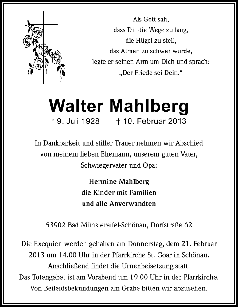  Traueranzeige für Walter Mahlberg vom 16.02.2013 aus Kölner Stadt-Anzeiger / Kölnische Rundschau / Express