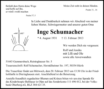 Anzeige von Inge Schumacher von Kölner Stadt-Anzeiger / Kölnische Rundschau / Express