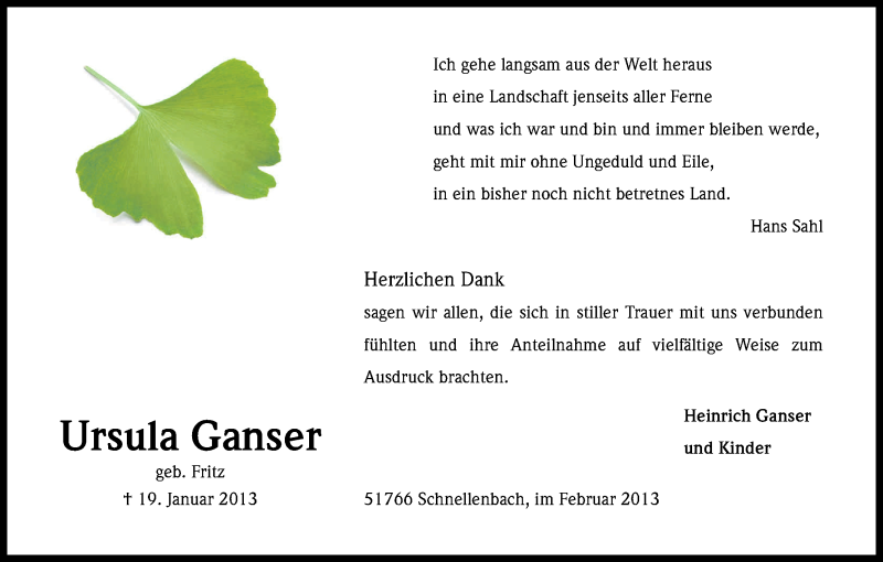  Traueranzeige für Ursula Ganser vom 16.02.2013 aus Kölner Stadt-Anzeiger / Kölnische Rundschau / Express