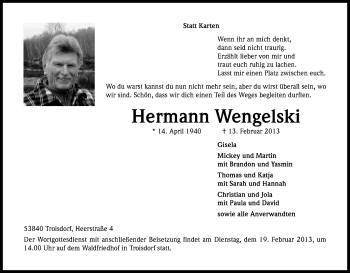 Anzeige von Hermann Wengelski von Kölner Stadt-Anzeiger / Kölnische Rundschau / Express