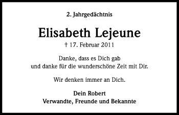 Anzeige von Elisabeth Lejeune von Kölner Stadt-Anzeiger / Kölnische Rundschau / Express