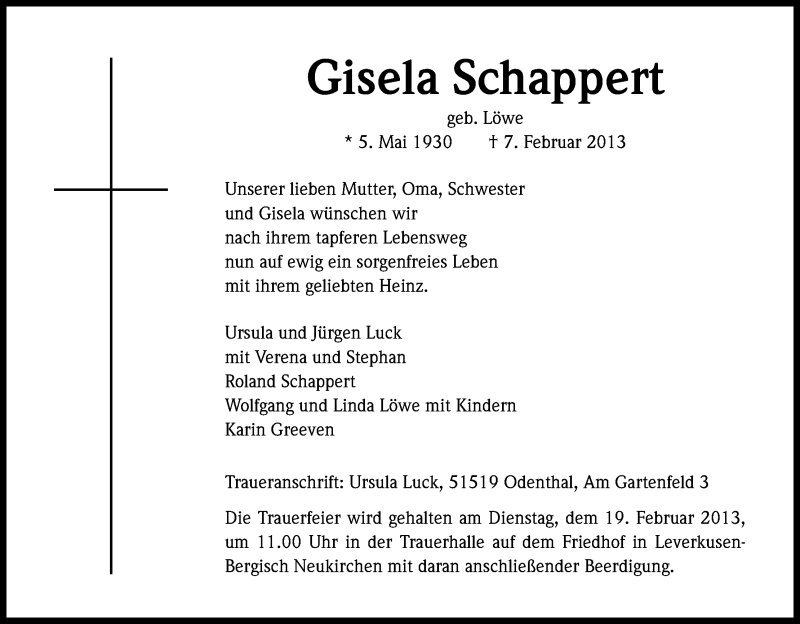  Traueranzeige für Gisela Schappert vom 16.02.2013 aus Kölner Stadt-Anzeiger / Kölnische Rundschau / Express