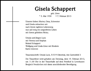 Anzeige von Gisela Schappert von Kölner Stadt-Anzeiger / Kölnische Rundschau / Express