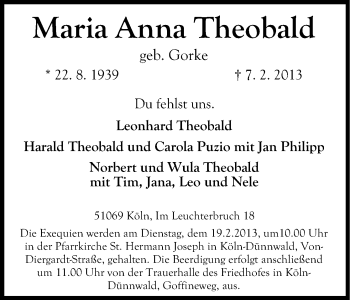 Anzeige von Maria Anna Theobald von Kölner Stadt-Anzeiger / Kölnische Rundschau / Express