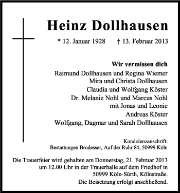 Anzeige von Heinz Dollhausen von Kölner Stadt-Anzeiger / Kölnische Rundschau / Express