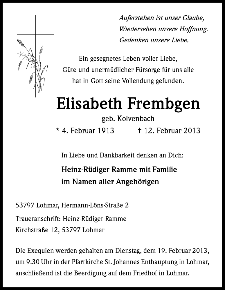  Traueranzeige für Elisabeth Frembgen vom 15.02.2013 aus Kölner Stadt-Anzeiger / Kölnische Rundschau / Express