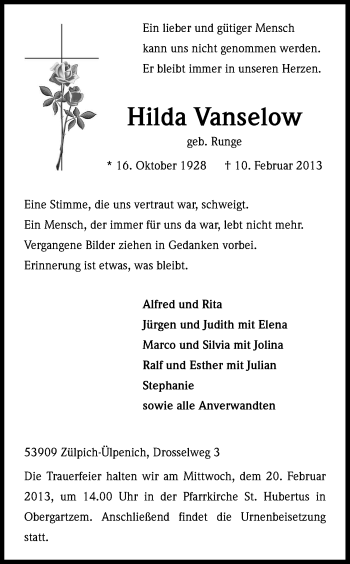 Anzeige von Hilda Vanselow von Kölner Stadt-Anzeiger / Kölnische Rundschau / Express