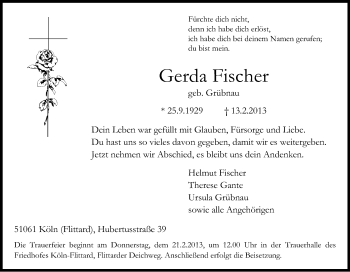 Anzeige von Gerda Fischer von Kölner Stadt-Anzeiger / Kölnische Rundschau / Express