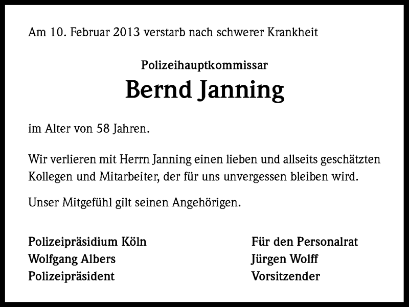  Traueranzeige für Bernd Janning vom 16.02.2013 aus Kölner Stadt-Anzeiger / Kölnische Rundschau / Express
