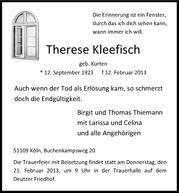 Anzeige von Therese Kleefisch von Kölner Stadt-Anzeiger / Kölnische Rundschau / Express
