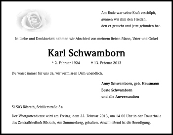 Anzeige von Karl Schwammborn von Kölner Stadt-Anzeiger / Kölnische Rundschau / Express