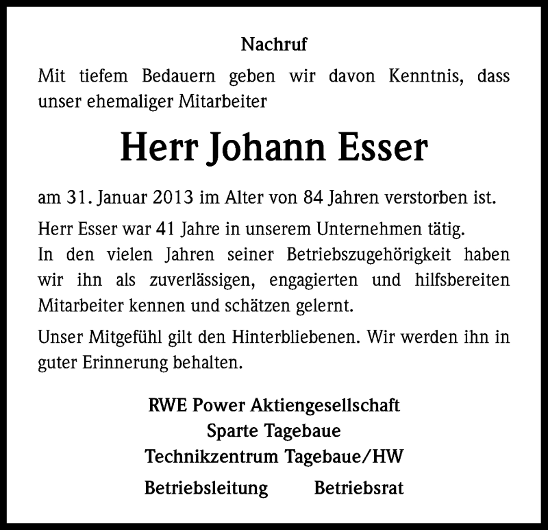  Traueranzeige für Johann Esser vom 18.02.2013 aus Kölner Stadt-Anzeiger / Kölnische Rundschau / Express