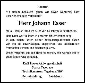 Anzeige von Johann Esser von Kölner Stadt-Anzeiger / Kölnische Rundschau / Express