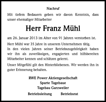 Anzeige von Franz Mühl von Kölner Stadt-Anzeiger / Kölnische Rundschau / Express
