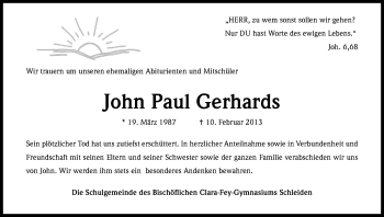 Anzeige von John Paul Gerhards von Kölner Stadt-Anzeiger / Kölnische Rundschau / Express