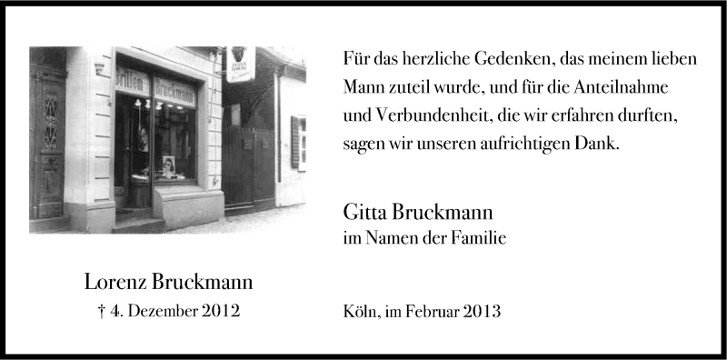  Traueranzeige für Lorenz Bruckmann vom 16.02.2013 aus Kölner Stadt-Anzeiger / Kölnische Rundschau / Express