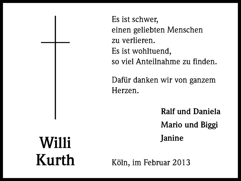 Traueranzeige für Willi Kurth vom 16.02.2013 aus Kölner Stadt-Anzeiger / Kölnische Rundschau / Express