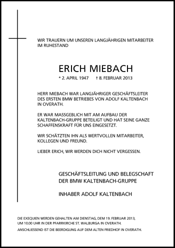 Anzeige von Erich Miebach von Kölner Stadt-Anzeiger / Kölnische Rundschau / Express