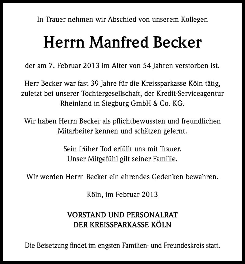  Traueranzeige für Manfred Becker vom 18.02.2013 aus Kölner Stadt-Anzeiger / Kölnische Rundschau / Express